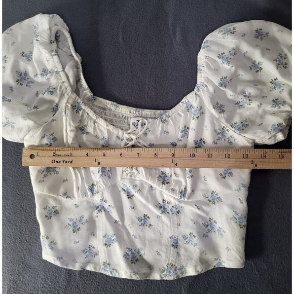 Hollister XS Puff Sleeve Mini Top Peasant Coquette White Blue Flowers Festival - Picture 4 of 7